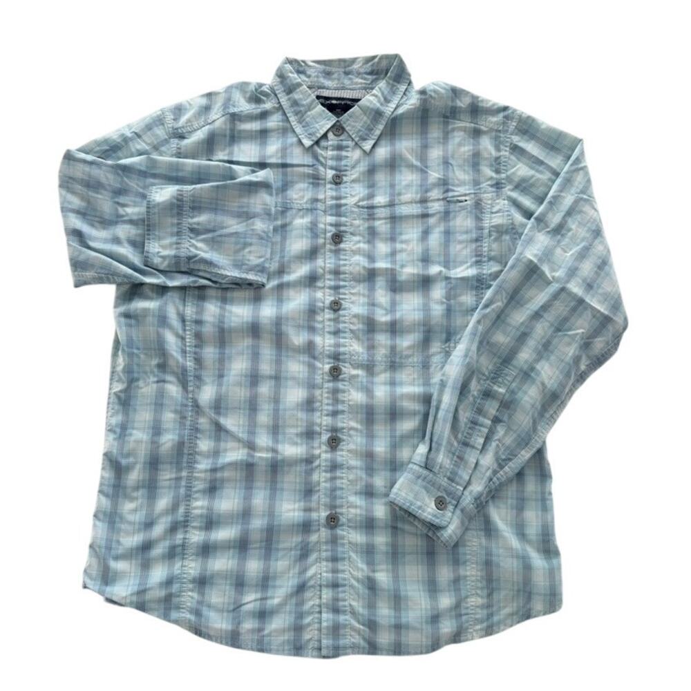 Exofficio Mens Blue Plaid Long Sleeve Shirt Medium Outdoor Hike Camp Fish
